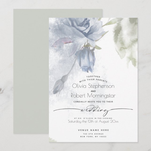 Invitation MARIAGE | Boho Watercolor Dusty Blue Rose (Devant / Derrière)