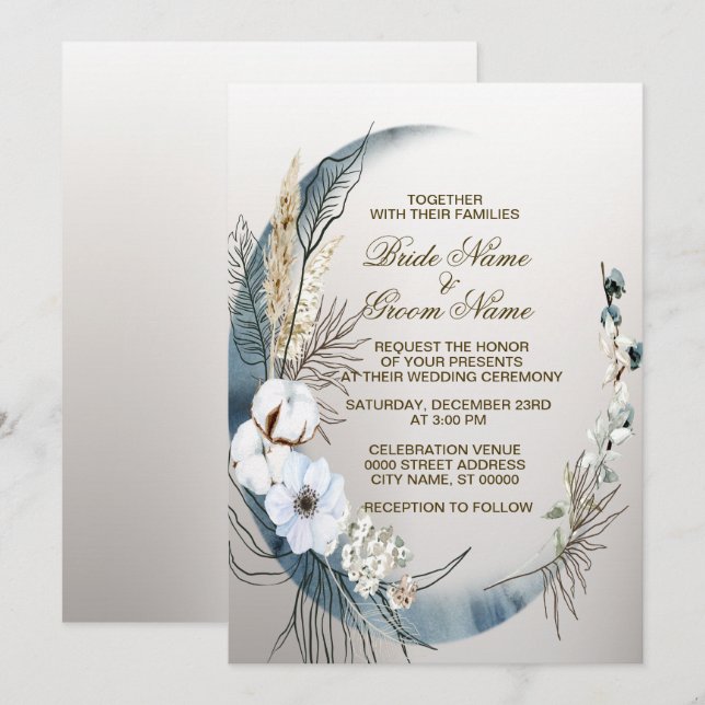 Invitation Mariage Boho White Orchid Flowers Blue Moon Party (Devant / Derrière)