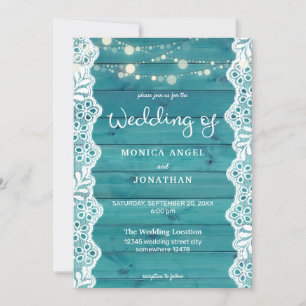 Invitation Mariage Bois Bleu & Dentelle & Guirlandes Lumineus