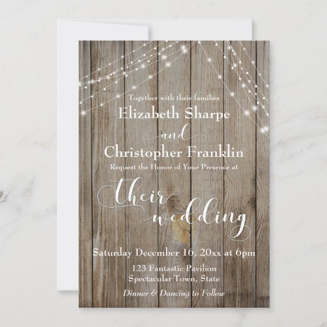 Invitation Mariage Bois Bruni et Lumières Blanches (Devant)