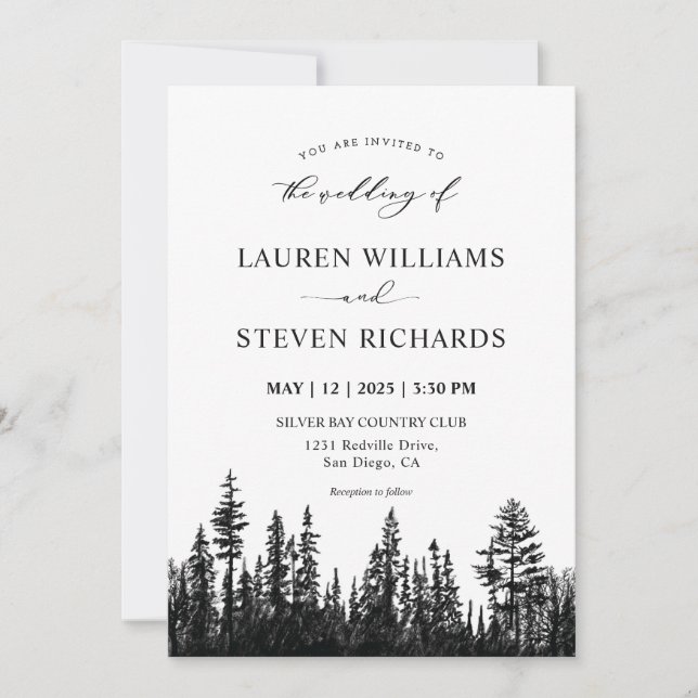 Invitation Mariage bois de pin blanc et noir personnalisé (Devant)