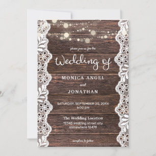 Invitation Mariage Bois & Dentelle & Guirlandes Lumineuses