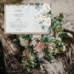 Invitation Mariage Bois Floral Blanc Rustique Vert Sauge Clai