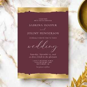 Invitation Mariage bordeaux élégant avec bord déchiré or