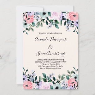 Invitation Mariage Bordure Florale Aquarelle Rose Violet Vert