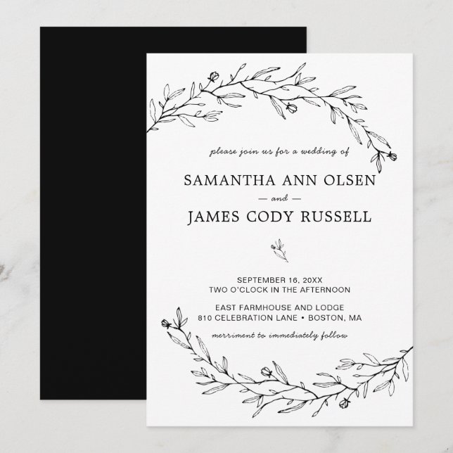 Invitation Mariage botanique à main noir et blanc (Devant / Derrière)