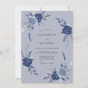 Invitation Mariage Botanique Aquarelle Bleu Ardoise