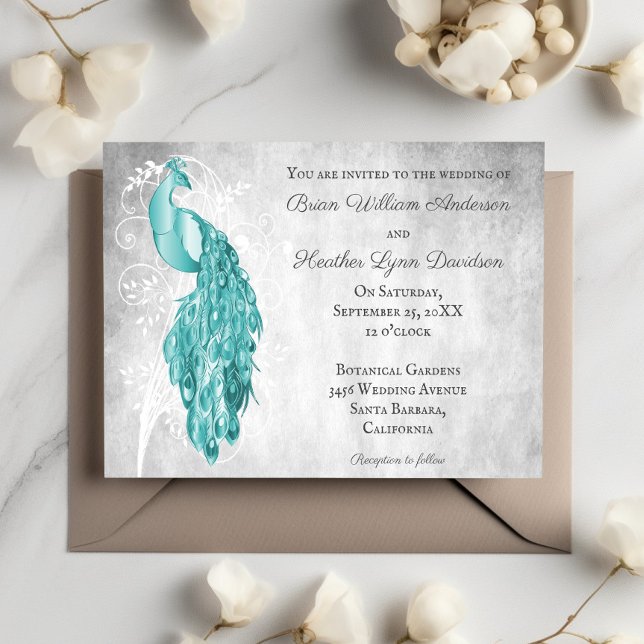 Invitation Mariage botanique blanc Peacock turquoise (Teal Peacock Wedding Invitation)