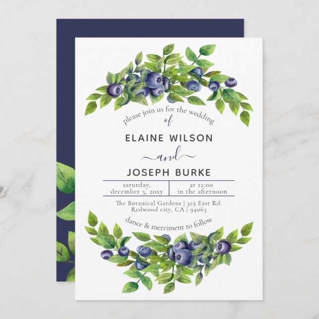 Invitation mariage botanique bleu bleus (Devant / Derrière)