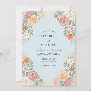 Invitation Mariage Botanique Bleu Clair et Pêche