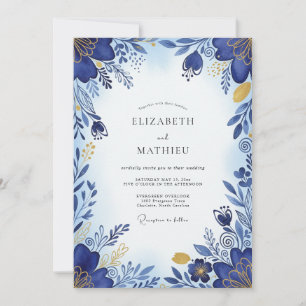 Invitation Mariage Botanique Bleu Cobalt Brillante