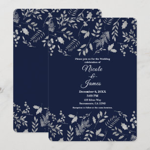 Invitation Mariage botanique bleu et argent en hiver