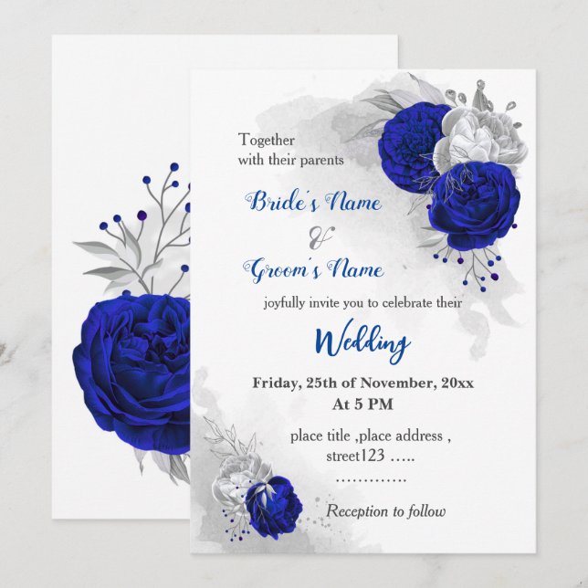 Invitation mariage botanique bleu et argent royal (Devant / Derrière)