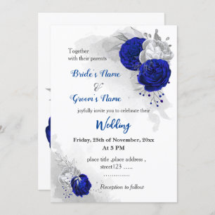 Invitation mariage botanique bleu et argent royal