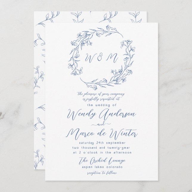 Invitation Mariage botanique bleu et blanc minimal (Devant / Derrière)