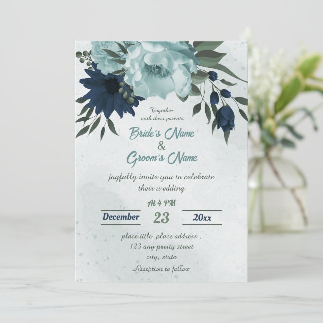 Invitation Mariage botanique bleu et bleu marine (Debout devant)