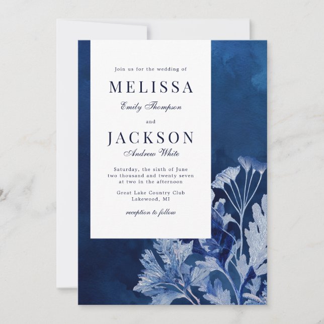Invitation Mariage botanique bleu Indigo (Devant)
