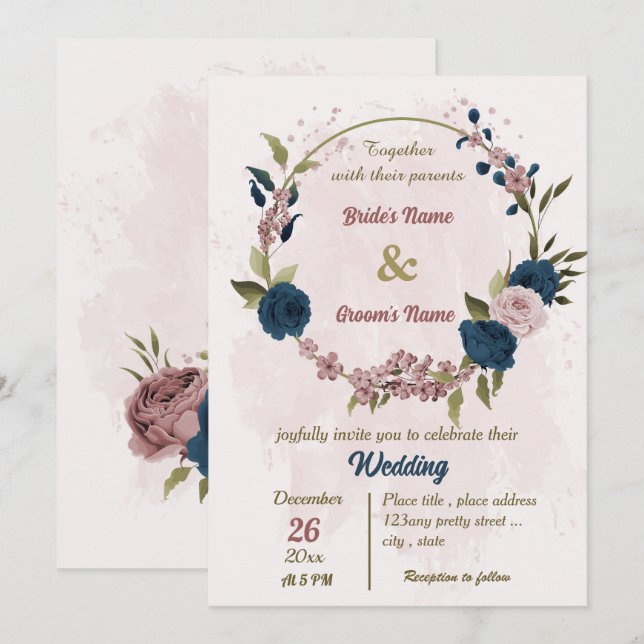 Invitation mariage botanique bleu marine rose (Devant / Derrière)