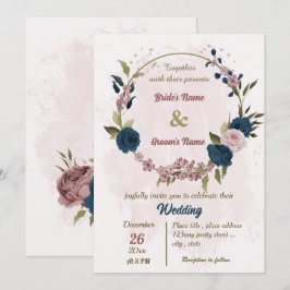 Invitation mariage botanique bleu marine rose