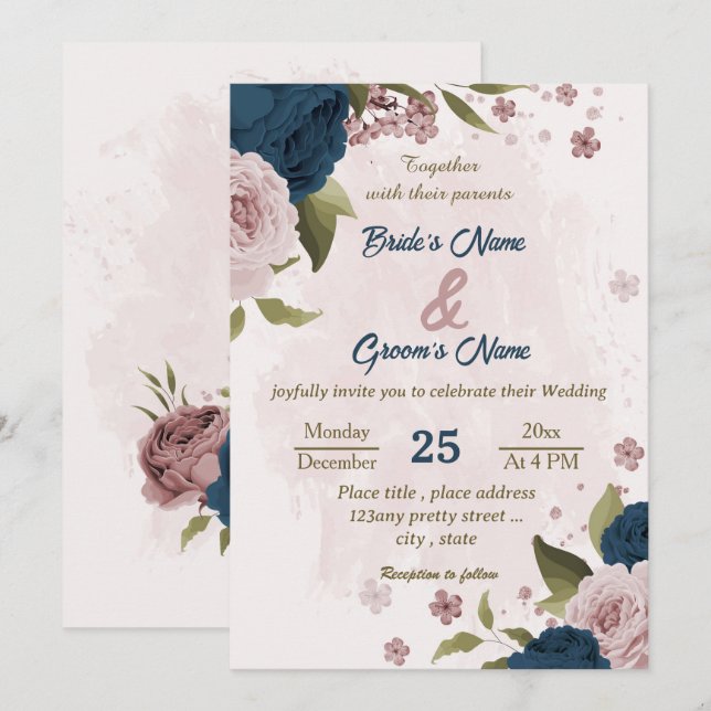 Invitation mariage botanique bleu marine rose (Devant / Derrière)