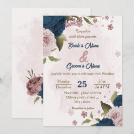 Invitation mariage botanique bleu marine rose