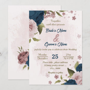 Invitation mariage botanique bleu marine rose