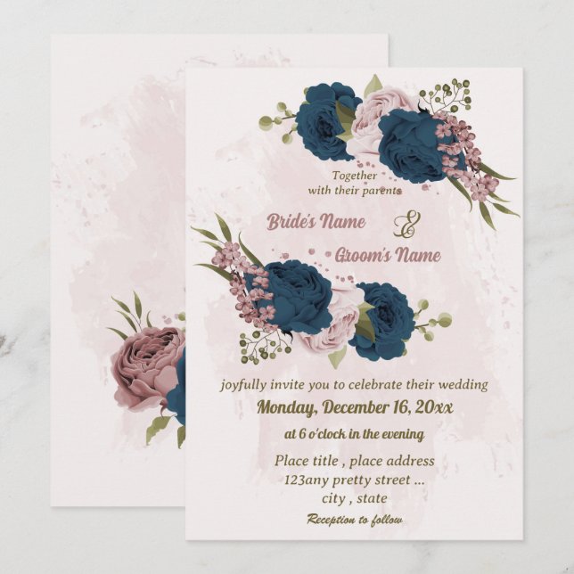 Invitation mariage botanique bleu marine rose (Devant / Derrière)