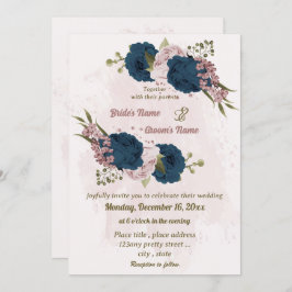 Invitation mariage botanique bleu marine rose