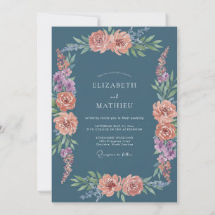 Invitation Mariage Botanique Bleu Poussiéreux aux Pêches