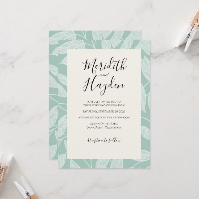 Invitation Mariage botanique boho bleu (Devant/Arrière en situation)