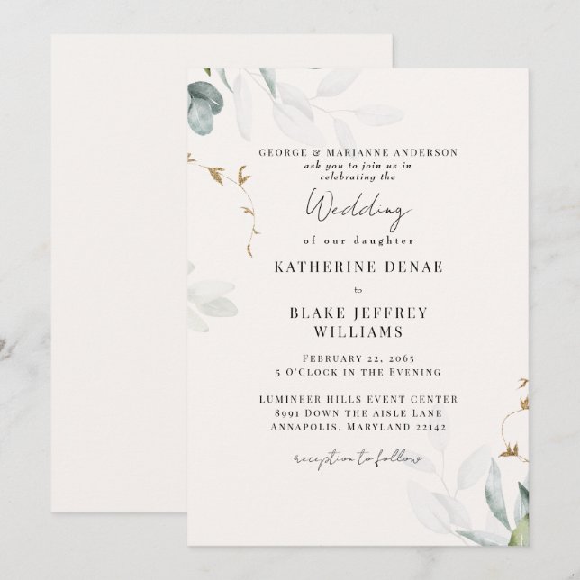 Invitation Mariage botanique Champagne léger (Devant / Derrière)