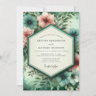Invitation Mariage Botanique Corail Sarcelle Romantique