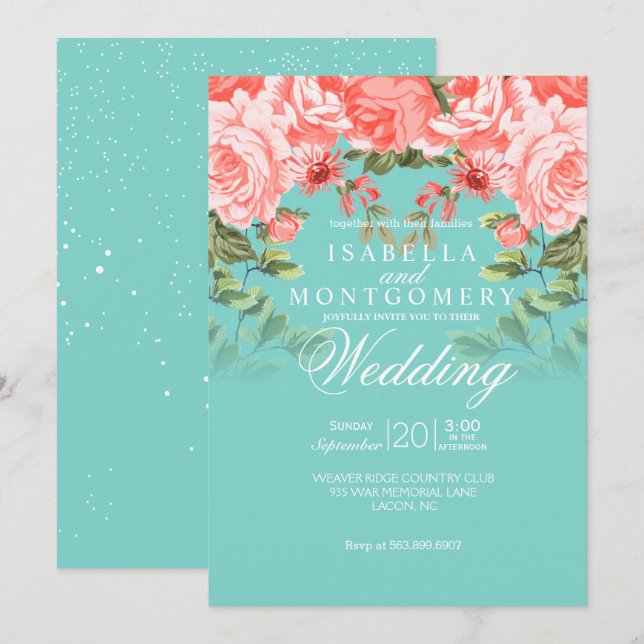 Invitation Mariage botanique Coral Floral sur Turquoise (Devant / Derrière)