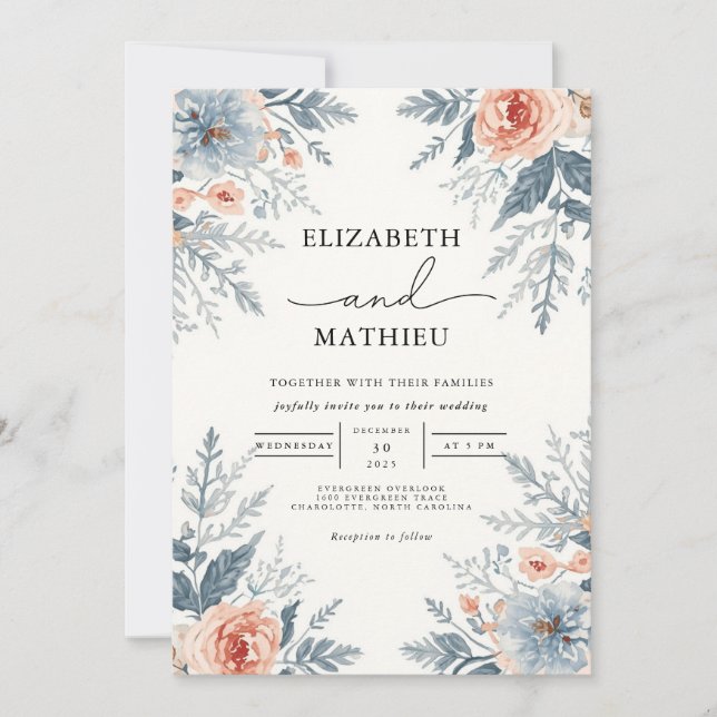 Invitation Mariage botanique de corail bleu doux (Devant)
