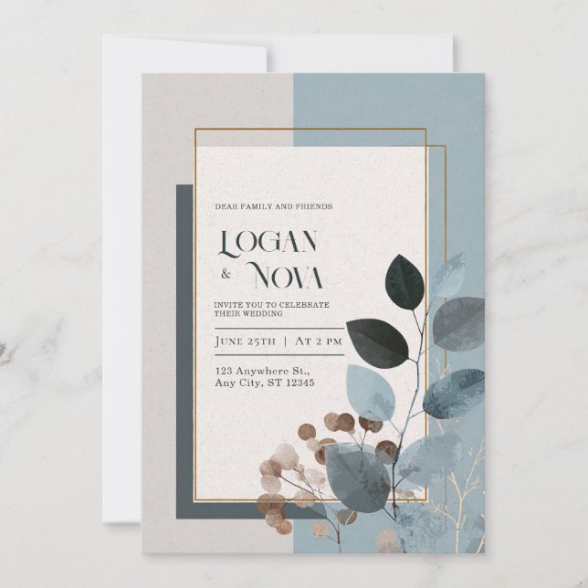 Invitation Mariage botanique de feuillage bleu doux (Devant)