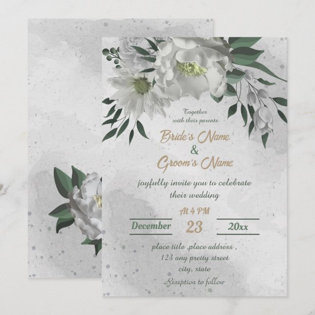 Invitation mariage botanique de fleurs blanches romantiques (Devant / Derrière)