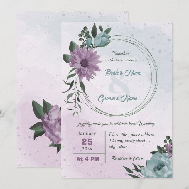 Invitation mariage botanique de fleurs bleues violettes (Devant / Derrière)