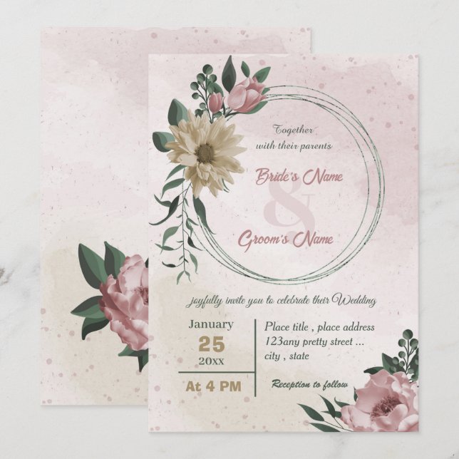 Invitation mariage botanique de fleurs de champagne rose (Devant / Derrière)