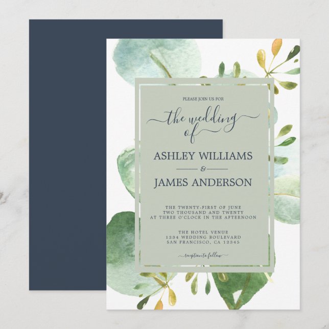 Invitation Mariage botanique de l'Eucalyptus bleu marine (Devant / Derrière)