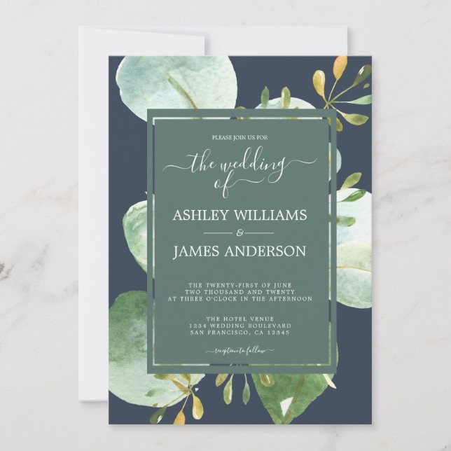 Invitation Mariage botanique de l'Eucalyptus bleu marine (Devant)