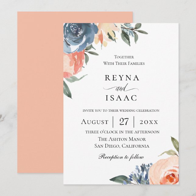 Invitation Mariage botanique de Pêche Bleu Ardoise (Devant / Derrière)