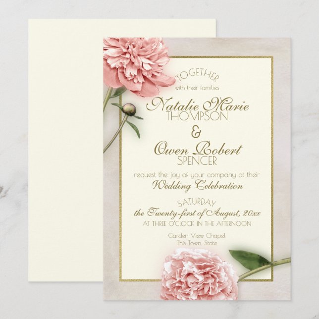 Invitation Mariage botanique de Pink Peony (Devant / Derrière)