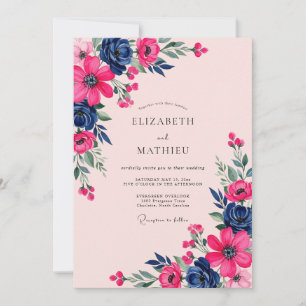 Invitation Mariage botanique de printemps Navy Magenta