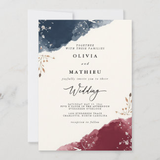 Invitation Mariage botanique Deep Blue Crimson