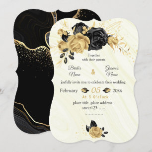 Invitation mariage botanique des fleurs d'or et de noir