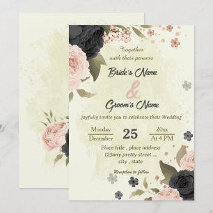 Invitation mariage botanique des fleurs rose vif noir