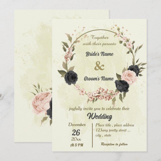 Invitation mariage botanique des fleurs rose vif noir (Devant / Derrière)