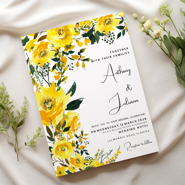 Invitation Mariage botanique d'été jaune orange (Orange yellow summer botanic floral Wedding )