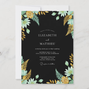 Invitation Mariage botanique doré à la menthe noire