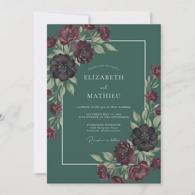 Invitation Mariage Botanique Dramatique Vert Pin (Devant)
